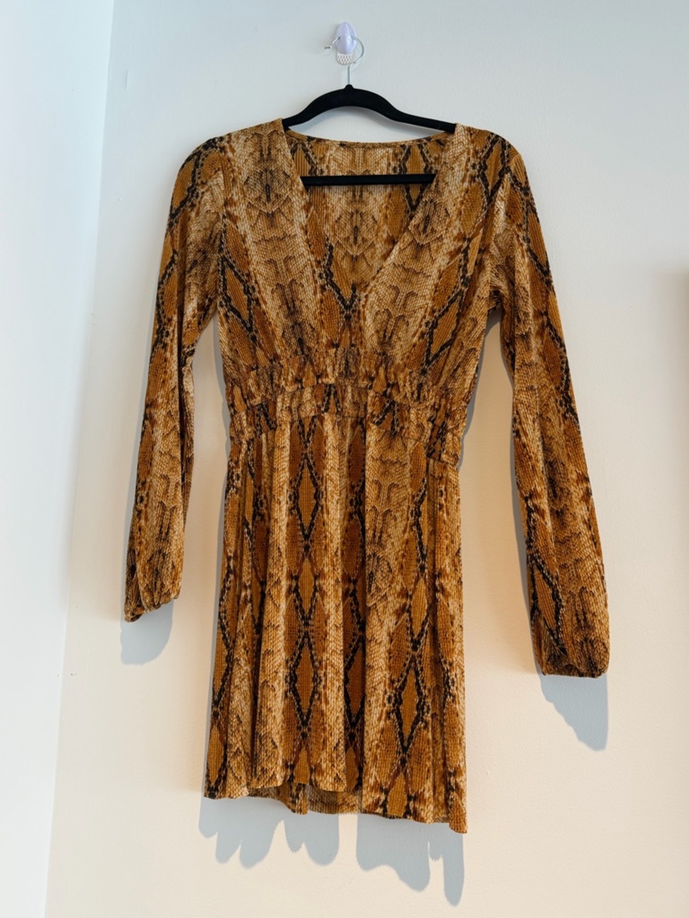 Snake-Print Long Sleeve Mini Dress in Brown